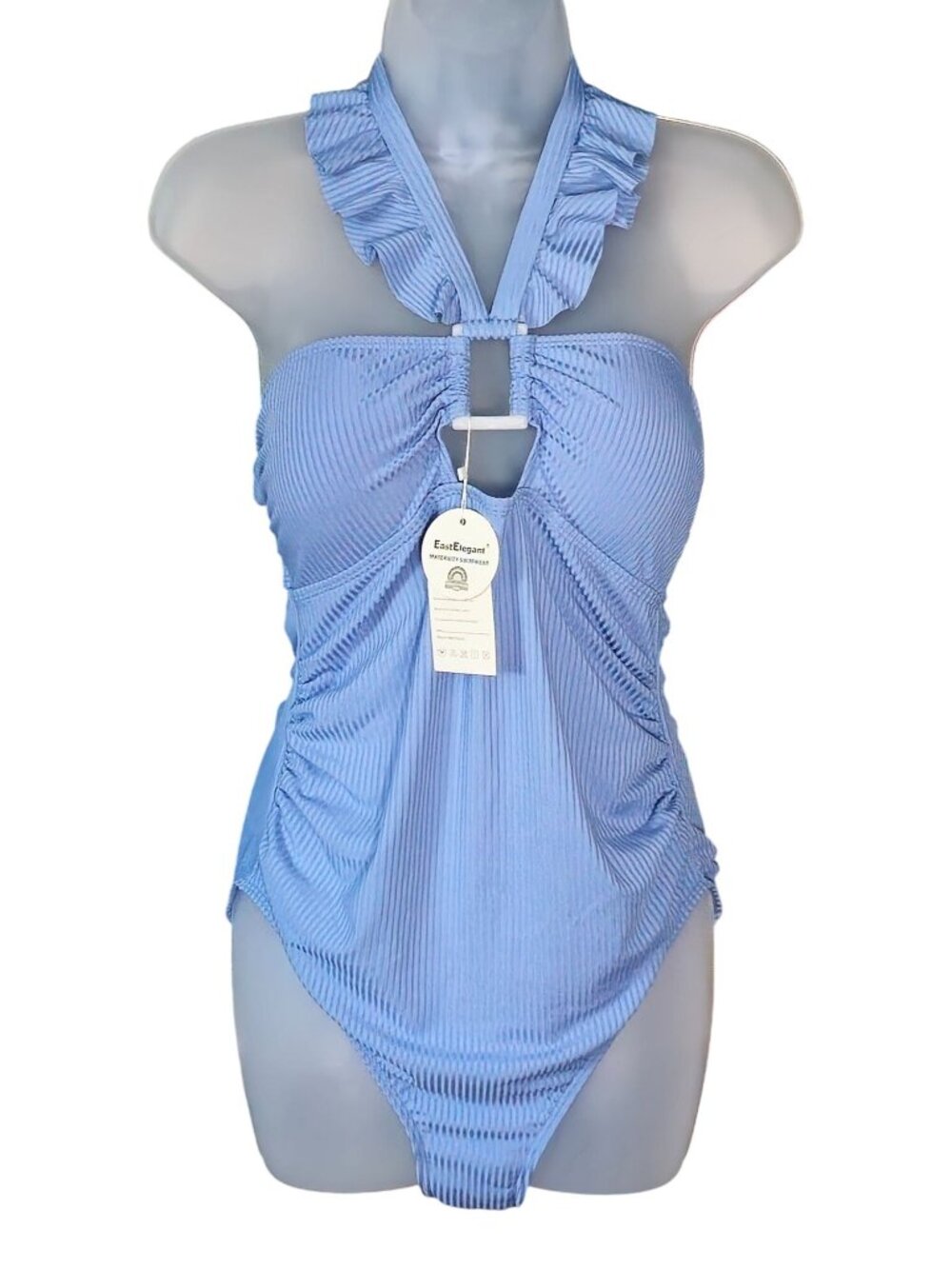 EastElegant Maternity One-Piece Swimsuit LG Blue Ruffled Halter Ribbed UPF 50+